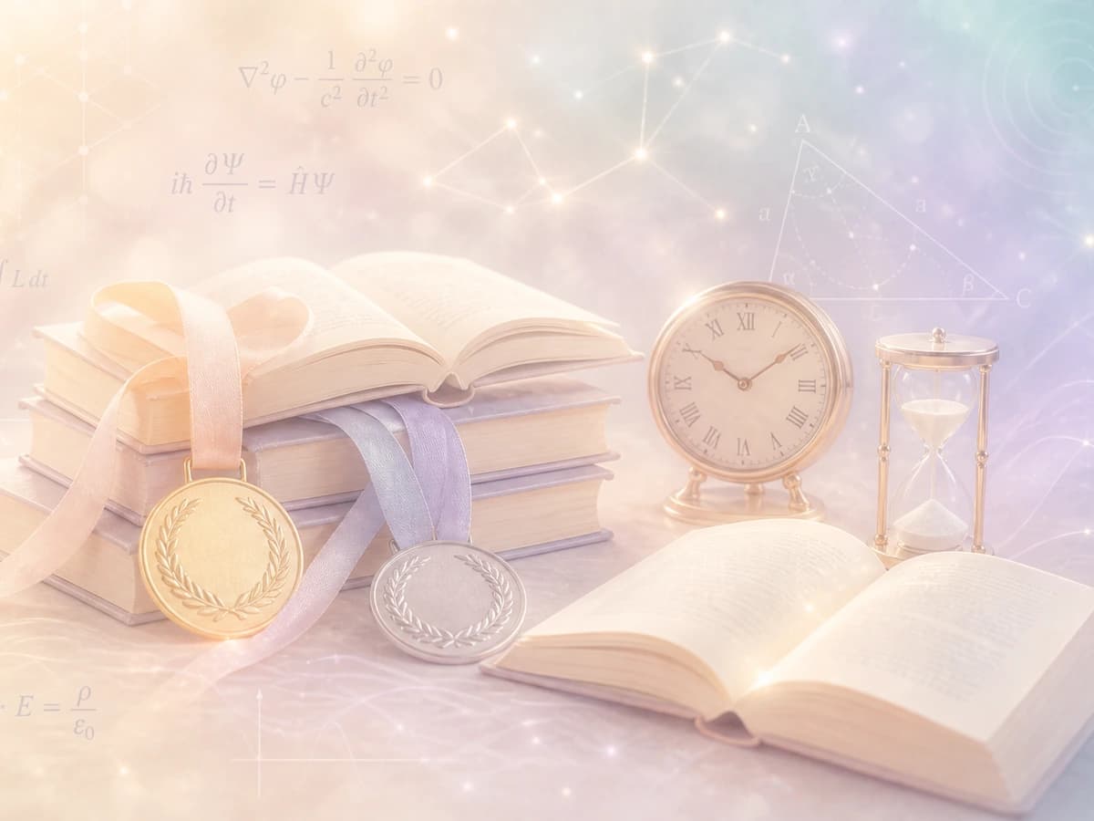 Books, focused timepieces, and medals glowing in a luminous academic atmosphere.