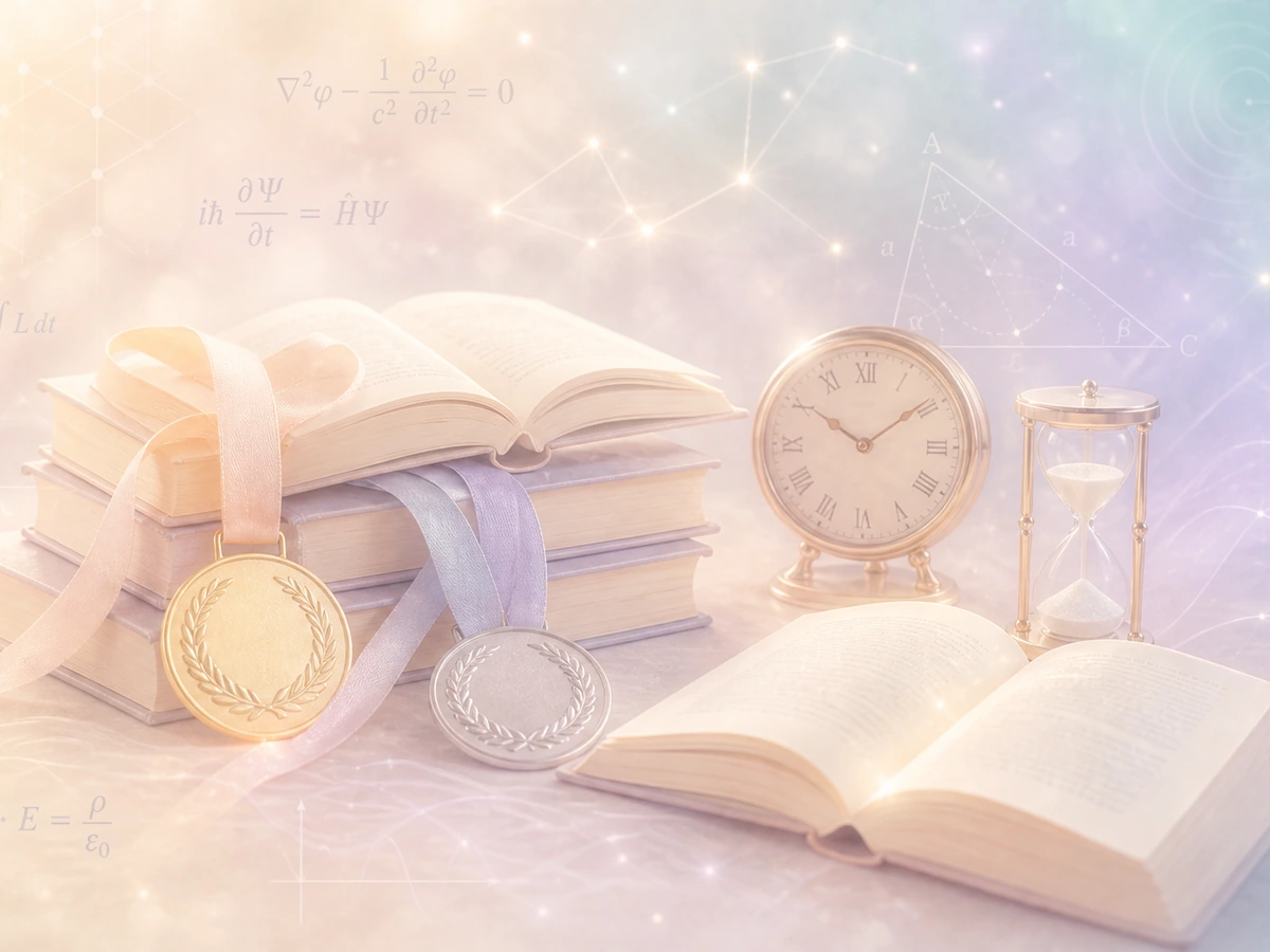Books, focused timepieces, and medals glowing in a luminous academic atmosphere.